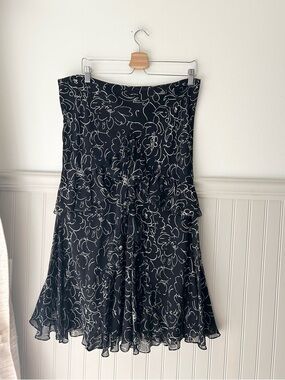 Lauren Ralph Lauren Large Black White 100% Silk Midi Skirt